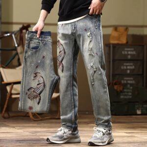Mens Embroidered Straight-Fit Stretch Denim Jeans